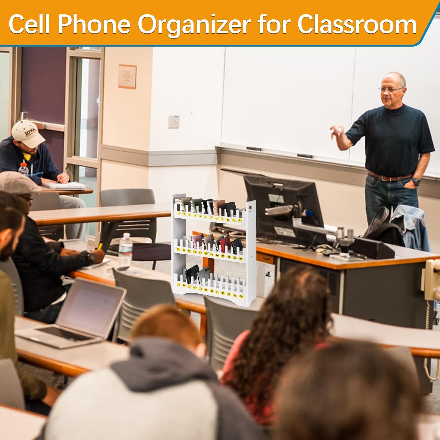 Cell Phone Holder Classroom Cell Phone Storage 3-Tier Multiple Cell Phone Stand Rack with 1-36 Number Stickers PVC Board Mobile Phone Holder Desktop Organizer for Classroom Office