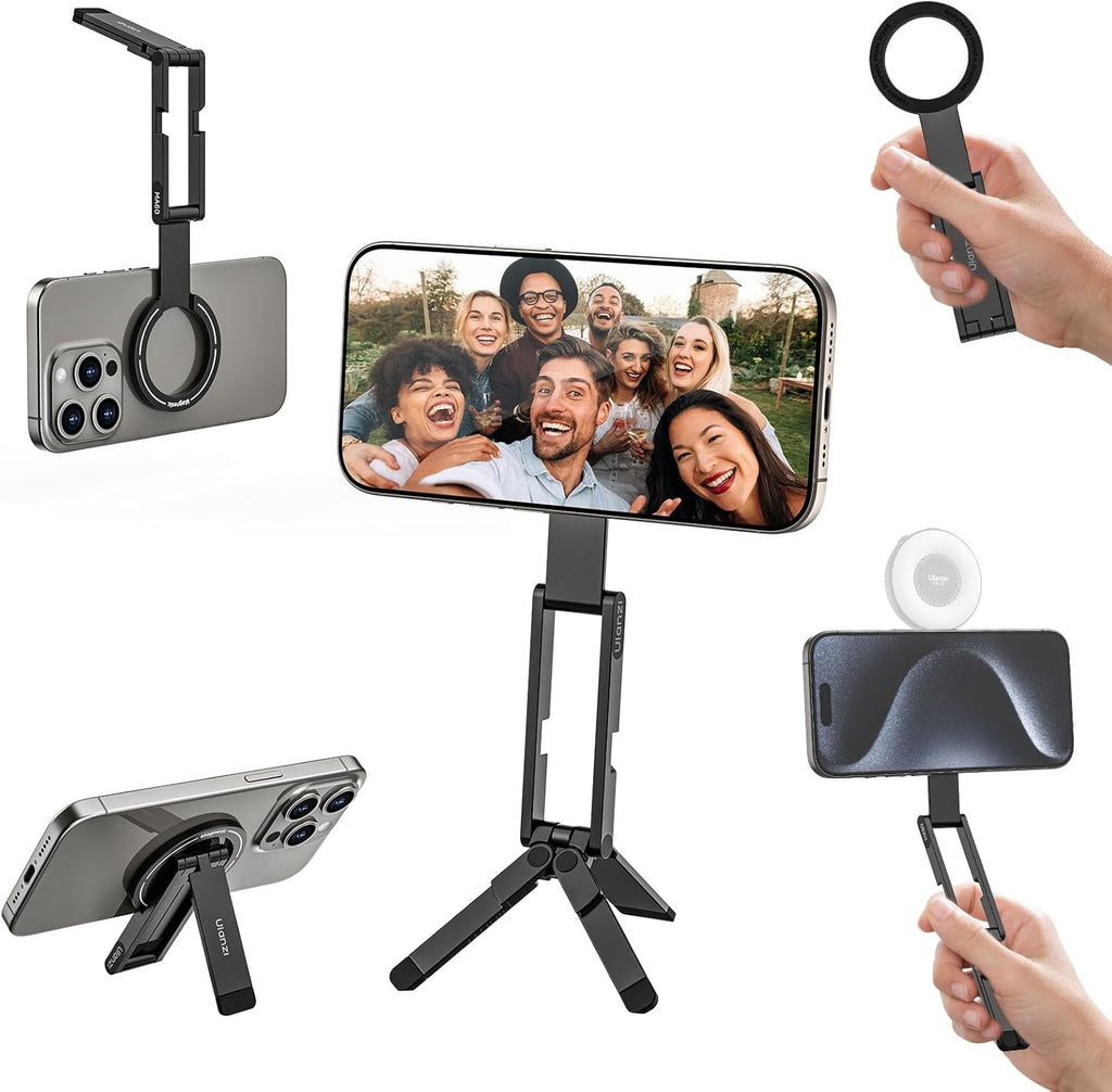 ULANZI MA60 Magnetic Phone Tripod Stand for iPhone - Aluminium Smartphone Mini Tripod Pocket Cell Phone Stand Strong Magnet Quick Mount Compatible with iPhone 16 15 14 13 12 Series, Black