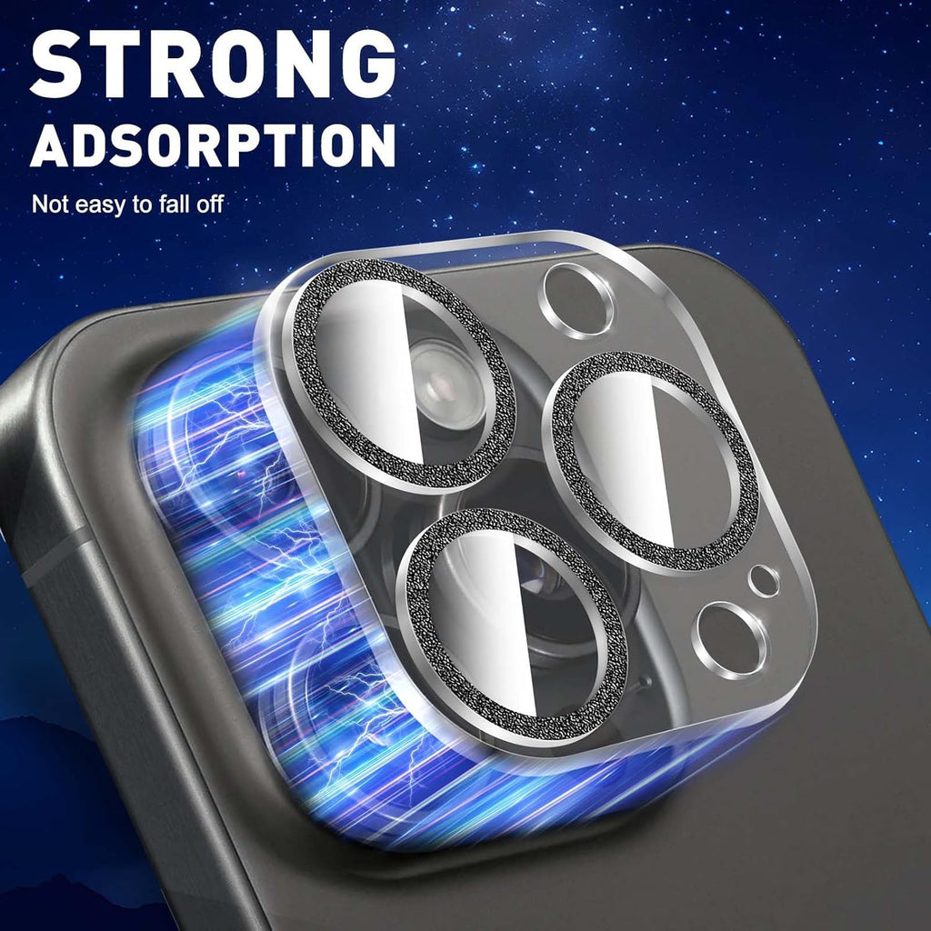 LucBuy 3PCS Sparkling Camera Lens Protector for iPhone 15 Pro/iPhone15 Pro Max, Full Clear Acrylic Cover with Shiny Colorful Glitter Designed Decoration Back Camera Protector