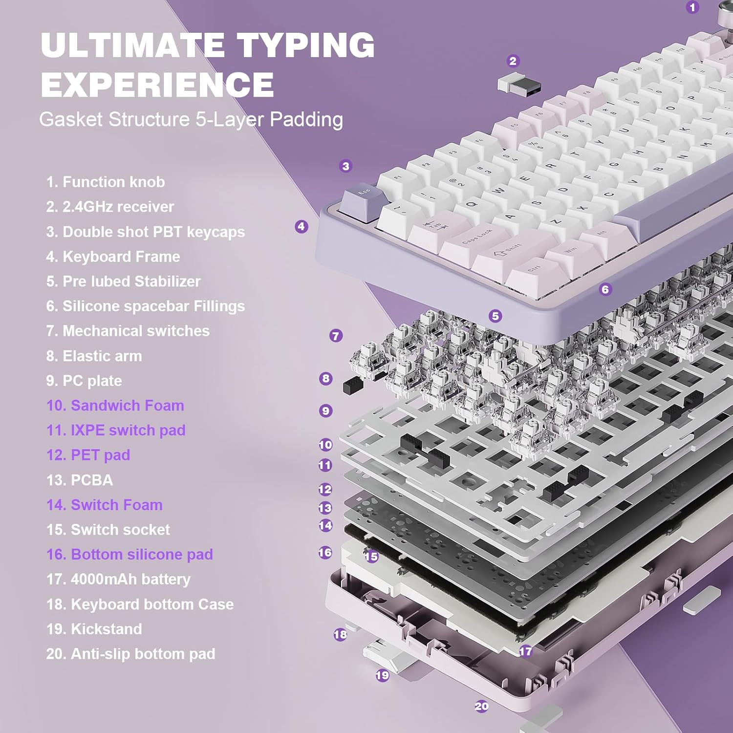 YUNZII B75 PRO Wireless Mechanical Keyboard,75% Layout with Knob,Hot Swap Gasket Custom Structure,Creamy Pre-lubed Switches,RGB Backlit,Bluetooth/Type-C/2.4G for Win/Mac(Milk Switch,Purple)