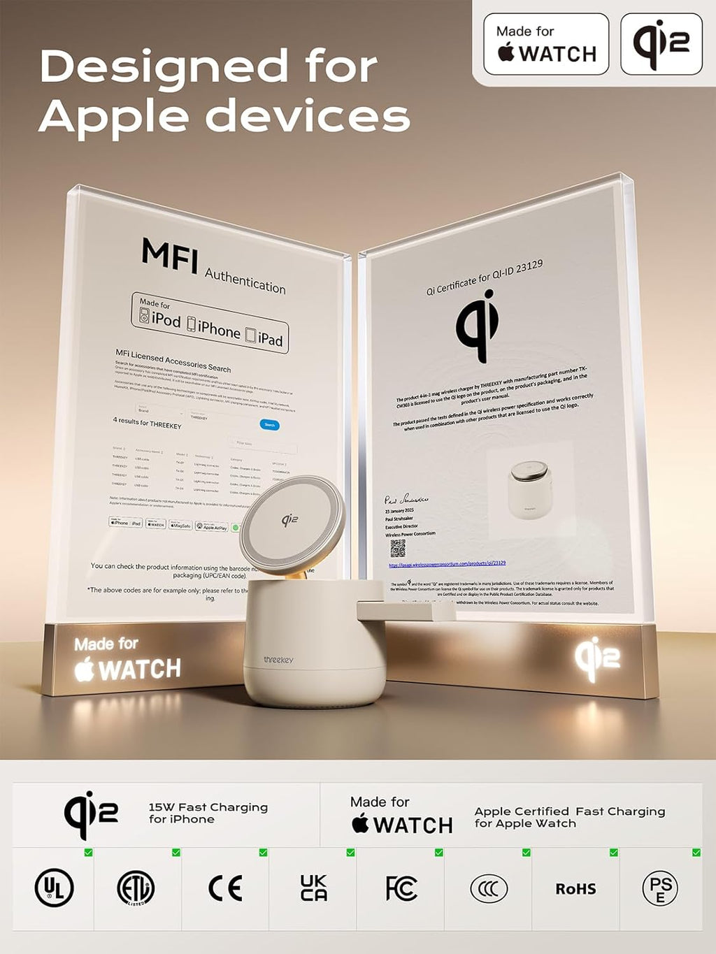 MFI Certified by Apple, 4 in 1 Magsafe Wireless Charging Station, Qi2 15W Magsafe Charger for iPhone 17/16/15/14/13/12 Series, iWatch, Airpods, iPad, 65W Charger Included (Sand, 3 in 1)