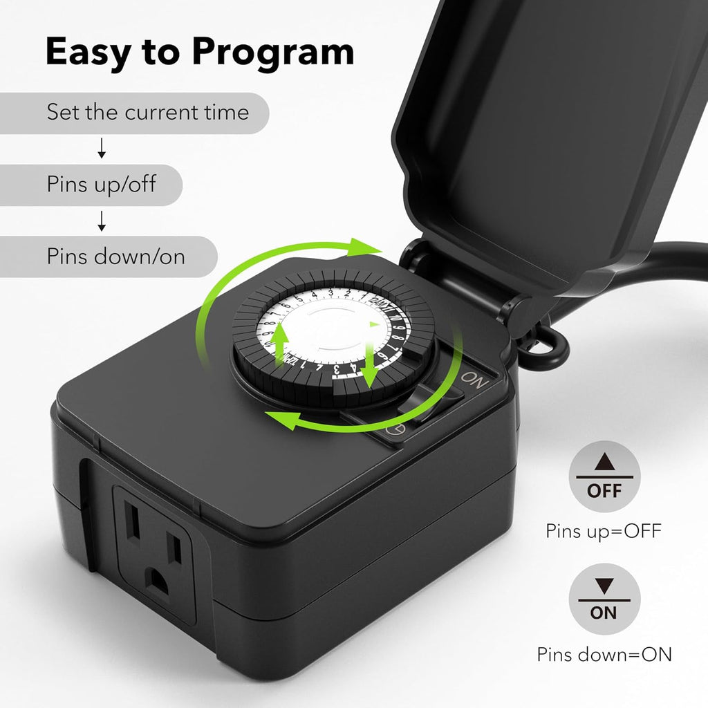 BN-LINK 24-Hour Mechanical Outdoor Light Timer, Waterproof, Heavy Duty, 15A 1/2HP, 1 Grounded Timer Outlet for Home and Garden