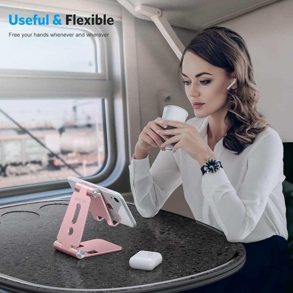 OMOTON Foldable Cell Phone Stand, C4 Portable Aluminum Phone Holder, Adjustable Phone Dock Cradle Compatible with iPhone 16/15/14/13 Pro Max, Samsung Galaxy, Small Tablets, All Smart Phones, Rose Gold