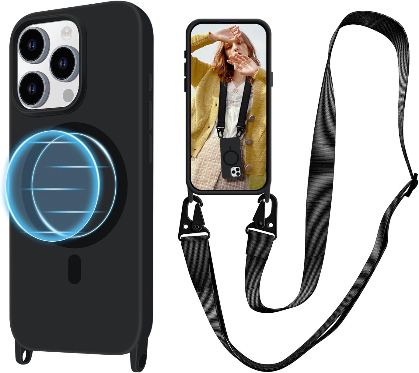 for iPhone 15 Pro Case with Lanyard [Compatible with MagSafe], Crossbody Phone Case with Neck Strap Adjustable, Magnetic Phone Cover for iPhone 15 Pro 6.1'' Black
