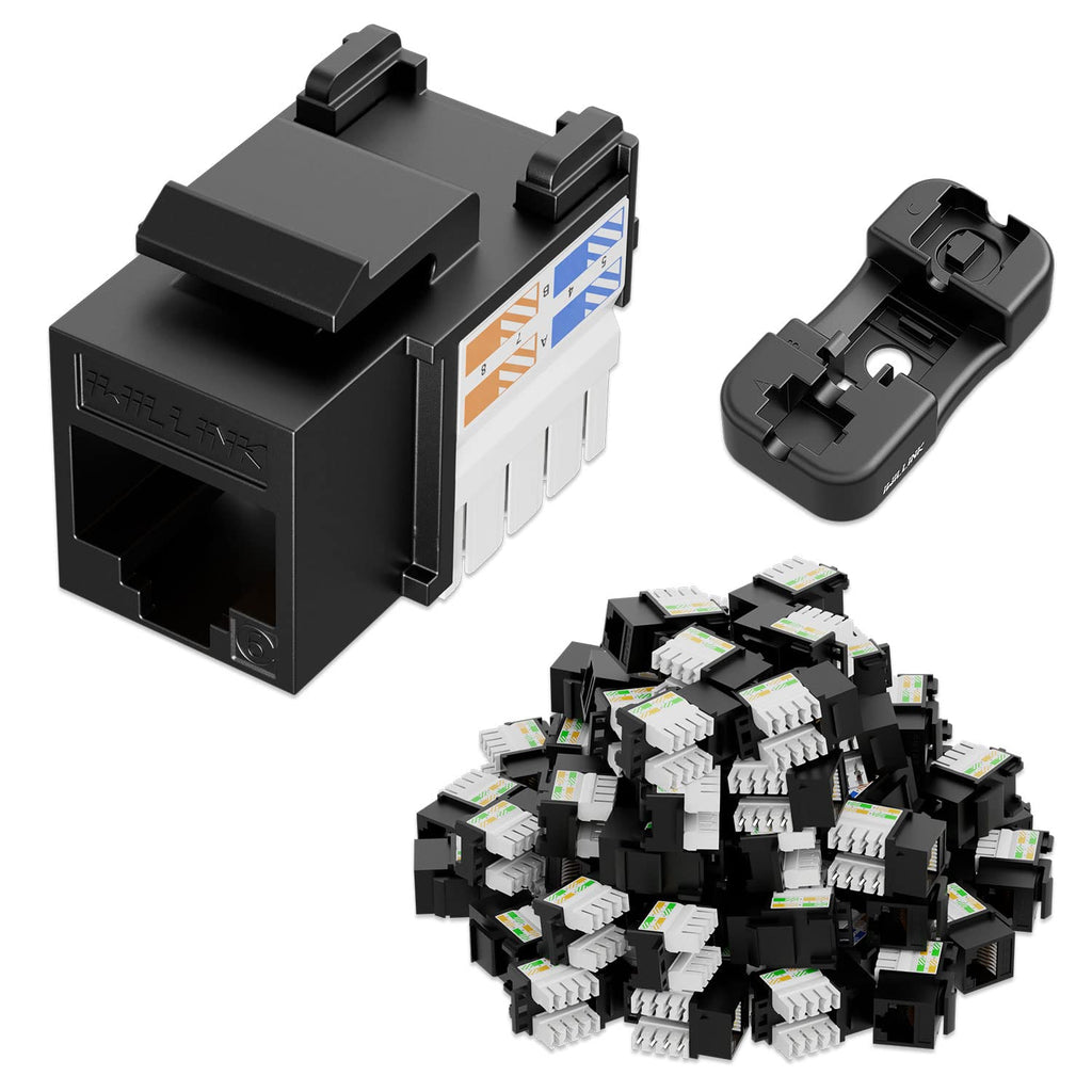 iwillink 10Gbps Cat6 Keystone Jack and Punch-Down Stand, 50-Pack, RJ45 Ethernet Keystone Jacks, 90-Degree UTP Modular Punch Down Keystone Jack Adapter, Black
