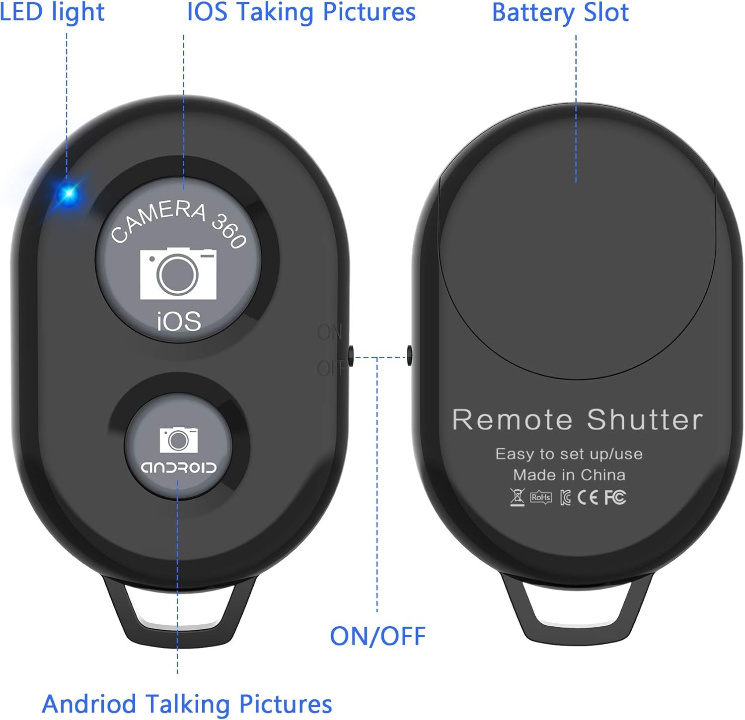 Wireless Camera Remote Shutter for Smartphones (2 Pack), Zttopo Wireless Phone Camera Remote Control Compatible with iPhone/Android Cell Phone - Wrist Strap Included Black&White