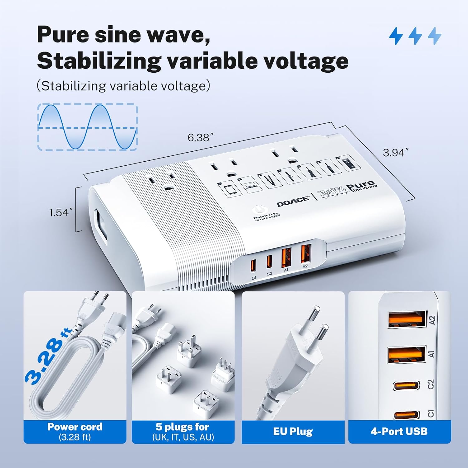 DOACE 500W Universal Travel Adapter 220V to 110V Voltage Converter, Pure Sine Wave European Travel Plug Adapter Converter, Transformer for US to Most Europe，UK/AU/EU/IT with 3 US Outlets & 4 USB