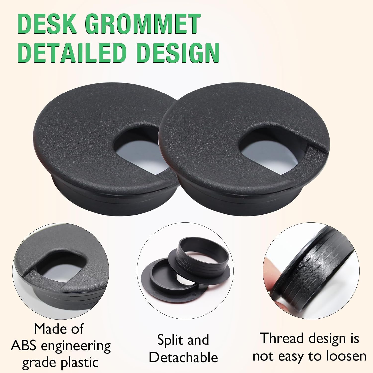 2 Pcs Desk Grommet 1-3/8" / 35 mm, Desk Cord Hole Cover, Cable Grommet ABS Plastic, Desk Hole Grommet for Home & Office Pc, Detachable Cable Cord Organizer-Light Grey