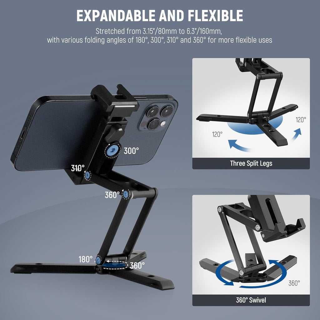 NEEWER Phone Tripod Mount with Cold Shoes, Metal Smartphone Adapter Compatible with iPhone, Multi Angle Tri Fold Cell Phone Holder, Handheld Grip for Streaming Vlog SP-04