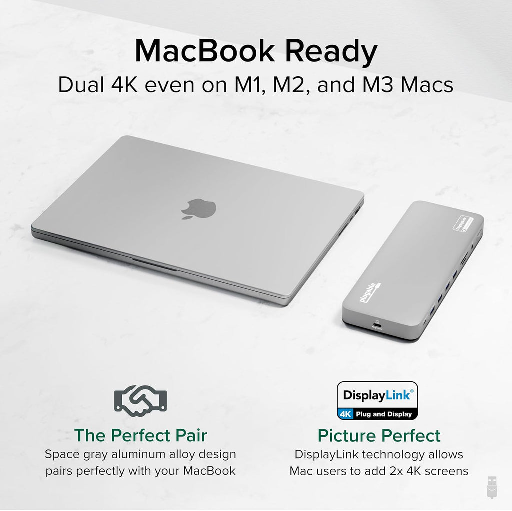Plugable USB C Laptop Docking Station, Dual Monitor 4K 60Hz for Apple Mac M1/M2/M3/M4, 2X HDMI or 2X DisplayPort, 100W Charging DisplayLink Dock, 2 Displays for MacBook, Driver Required (UD-6950PDH)