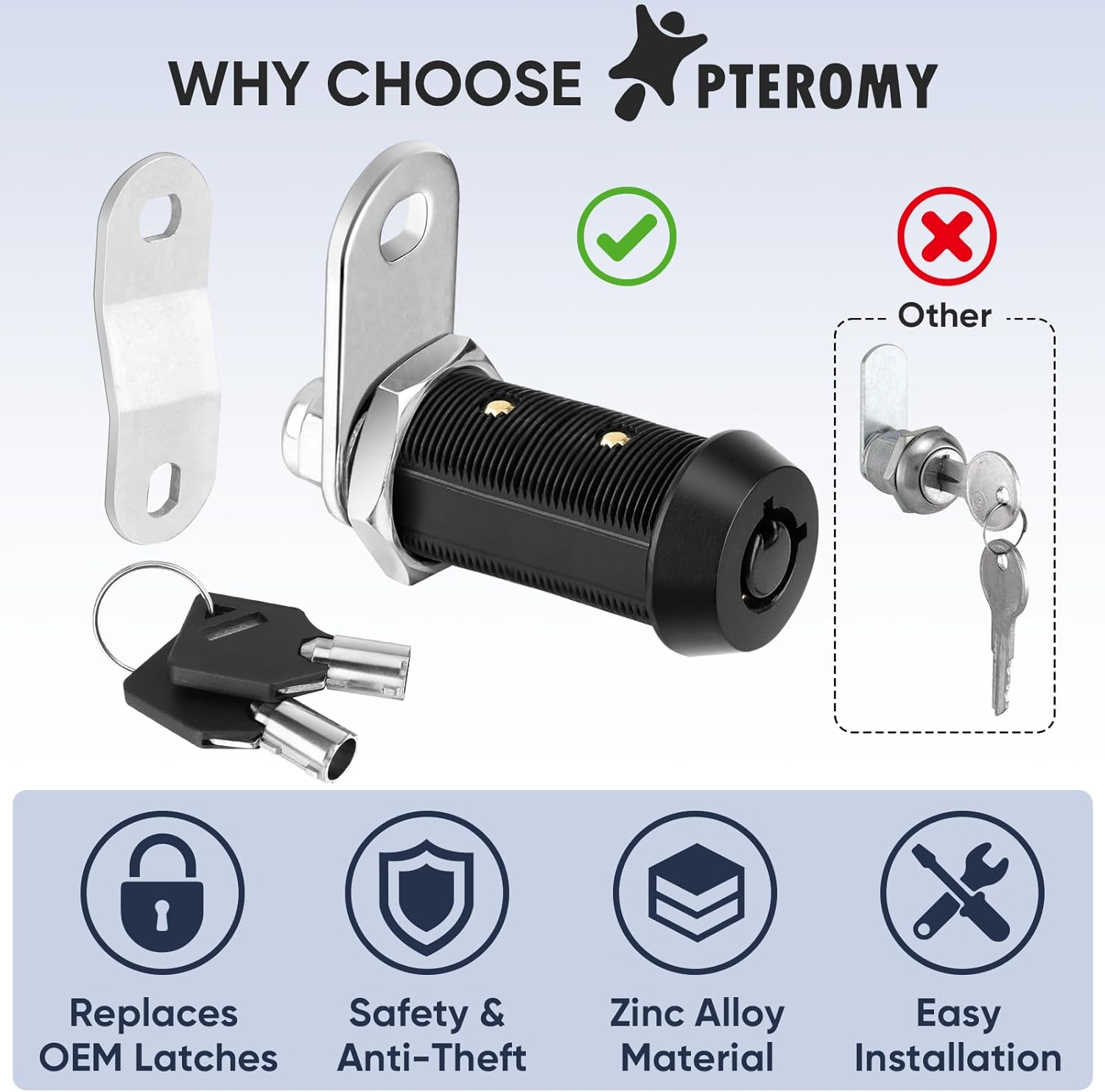 PTEROMY 12 Pack Cabinet Lock with Keys, 5/8'' Heavy Duty Tubular Cam Lock for RV Compartment Storage Locks, Full Set of RV Cam Locks (Black, 5/8'', 12 Pack)