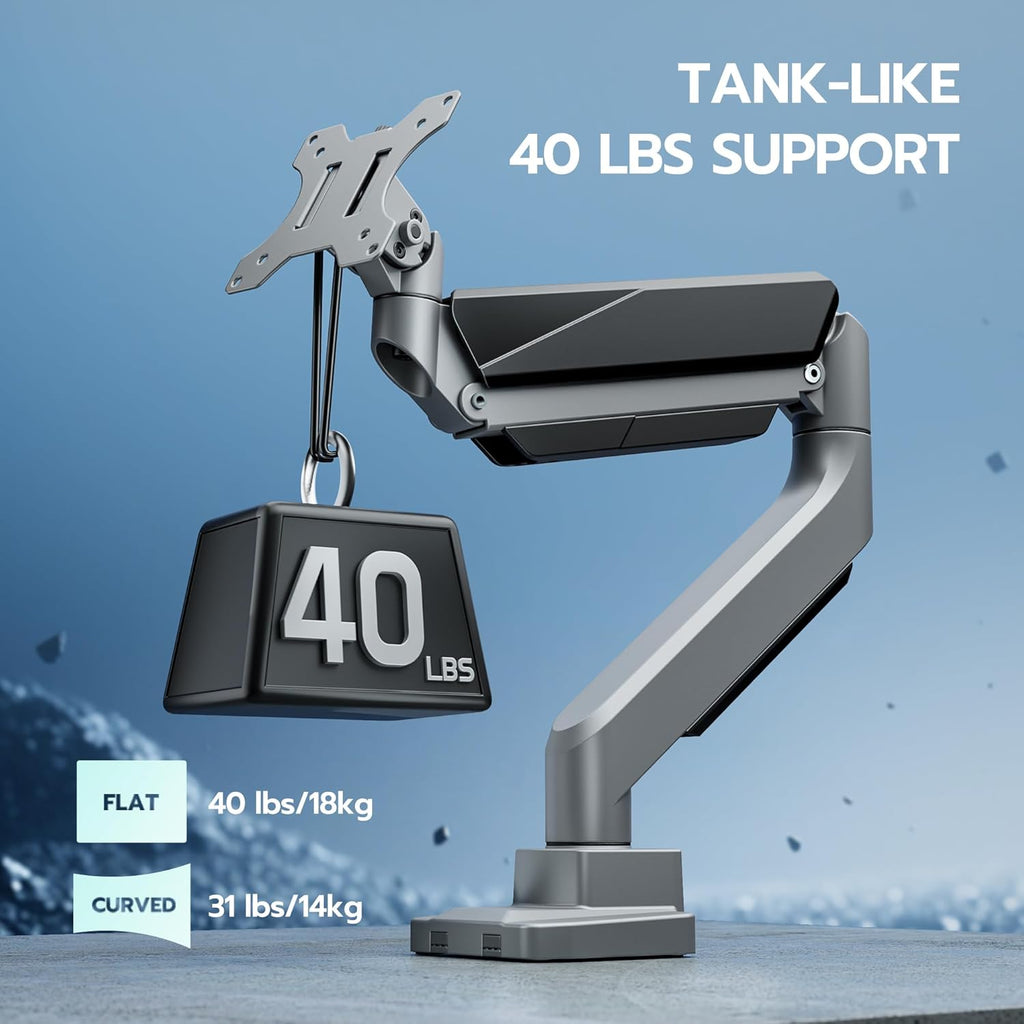 ARES WING Ultrawide Single Monitor Arm, Heavy Duty Monitor Mount for 13"-45" Curved Screens, Adjustable Stand for Desk with C-clamp & Grommet Base up to 40 LBS, Gray