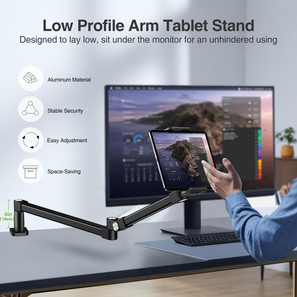 elitehood 28in Long Arm iPad Desk Mount, Heavy Duty Aluminum Tablet Arm Mount for Desk Bed Sofa, Compatible with iPad Pro 13/12.9 Air Mini, iPhone, Portable Monitor and 4.7-13in Tablets