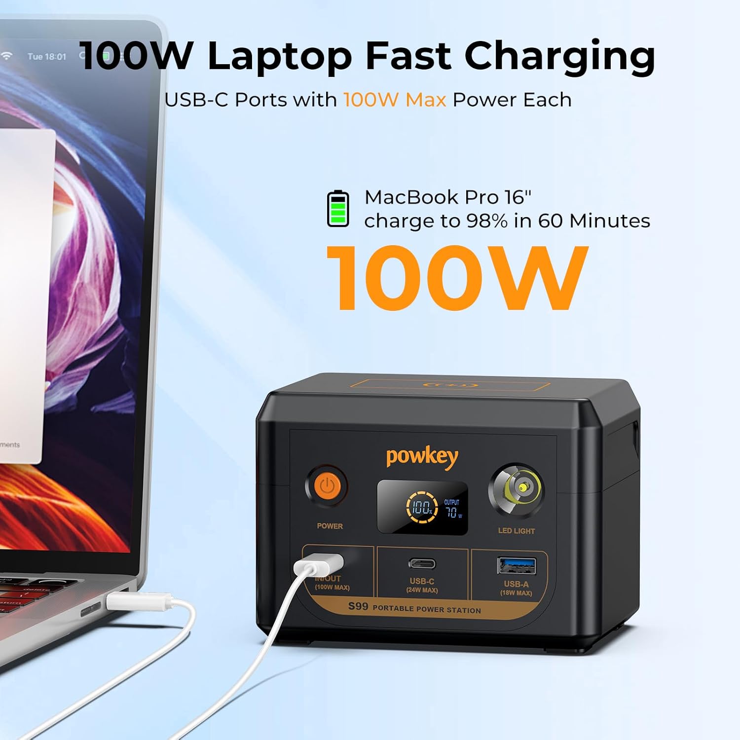 powkey Laptop Power Station 30000mAh 100W Portable Charger PD 3.0 Fast Charging 96Wh LiFePO4 Power Bank with USB-C Cable,Battery Backup for Laptop Phone Travel Camping Office Emergency Home