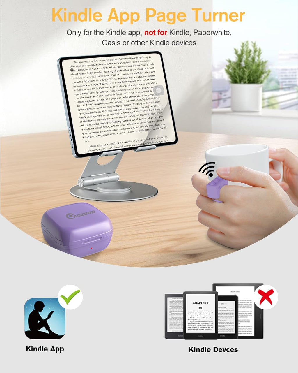 ADZERD Remote Control for TikTok, Page Turner for iPhone/iPad, Bluetooth Camera Video Recording Remote, Scrolling Ring for TIK Tok, Compatible with iOS/Android Phones & Tablets - Purple