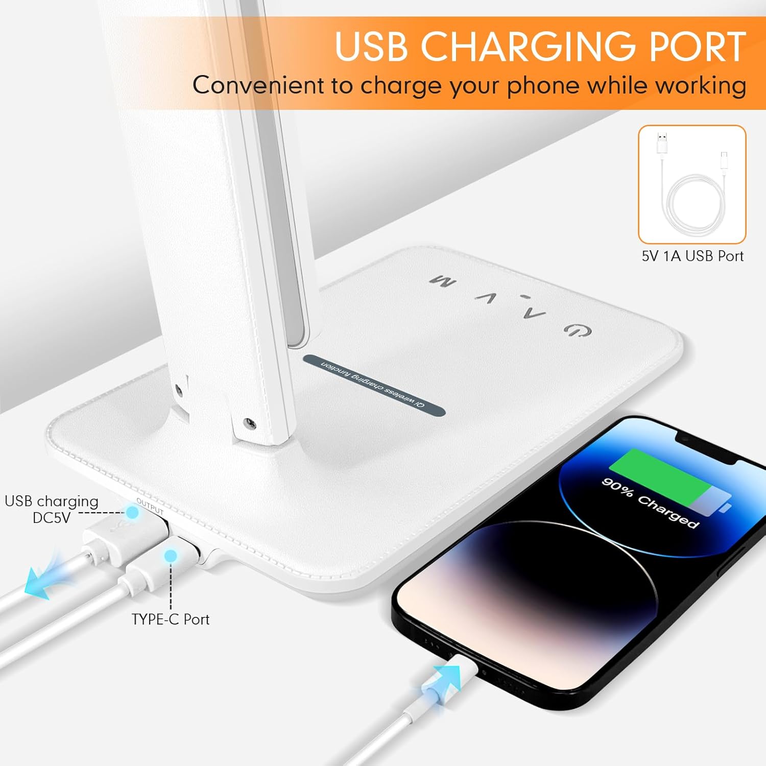 LED Desk Lamp Dimmable Table Lamp with USB Charging Port, 5 Lighting Modes, Sensitive Control, Foldable Portable Desk Light for Home Office Bedroom Reading (White-Pro, Standard Size - 13.3 inch)