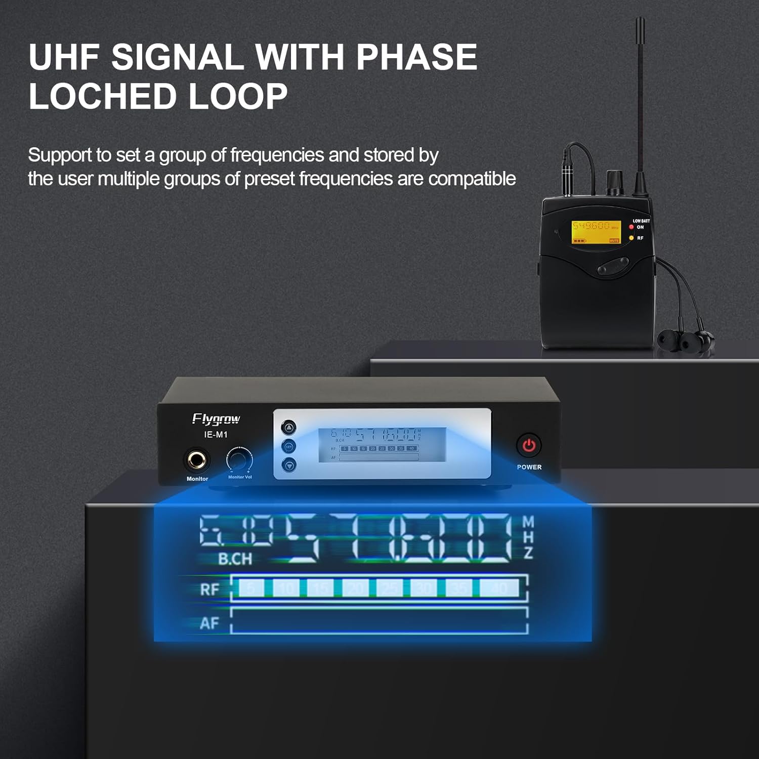 Pro UHF Wireless in Ear Monitor System, Metal IEM Dual Channel Wireless Transmitter and Bodypack Receiver, 80 Adjustable Frequencies,164ft Range, Ideal for Studio, Guitar, Band Performance