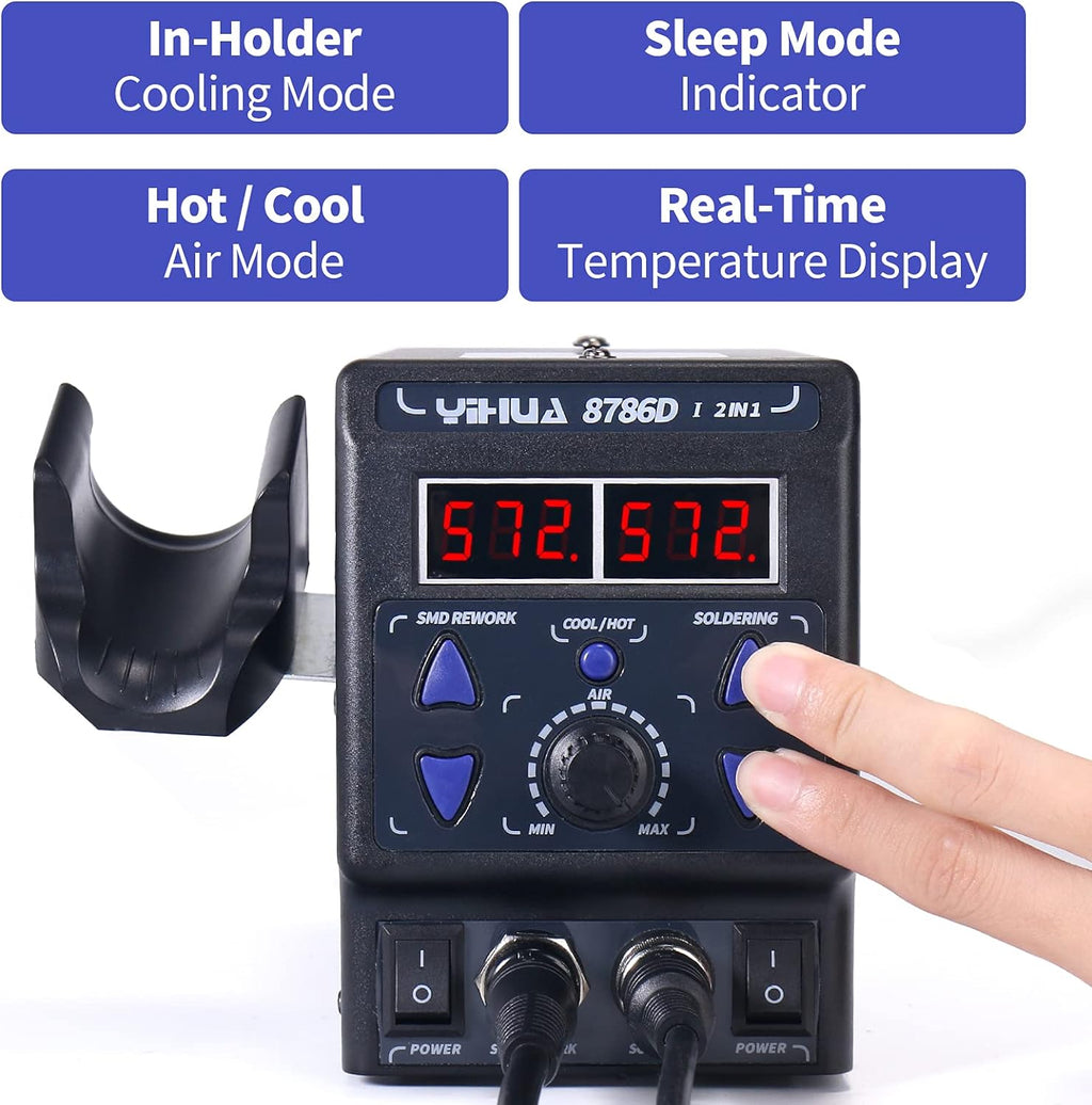 YIHUA 8786D I 2 in 1 Hot Air Rework and Soldering Iron Station with °F /°C, Cool/Hot Air Conversion, Digital Temperature Correction and Sleep Function