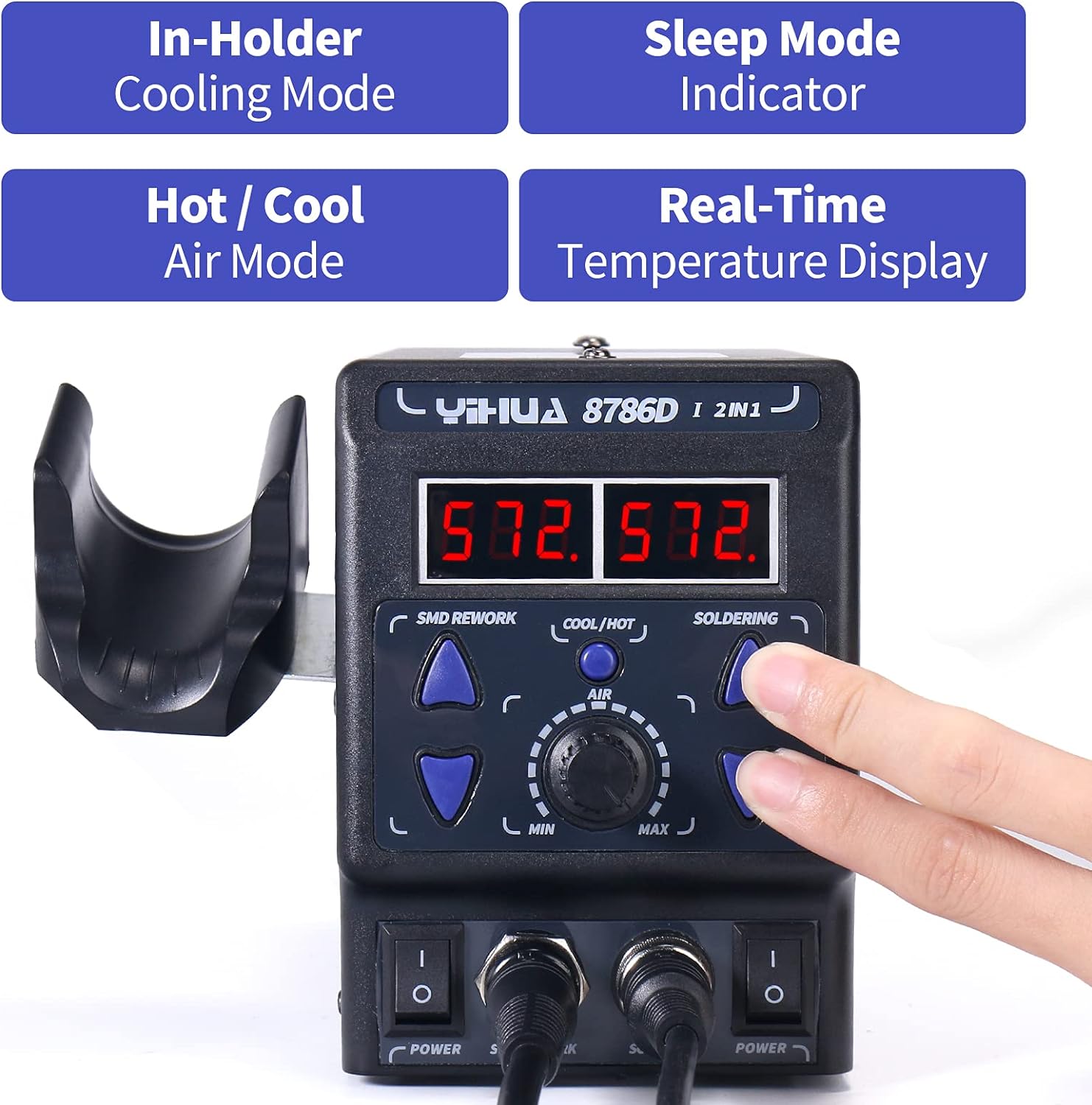 YIHUA 8786D I 2 in 1 Hot Air Rework and Soldering Iron Station with °F /°C, Cool/Hot Air Conversion, Digital Temperature Correction and Sleep Function