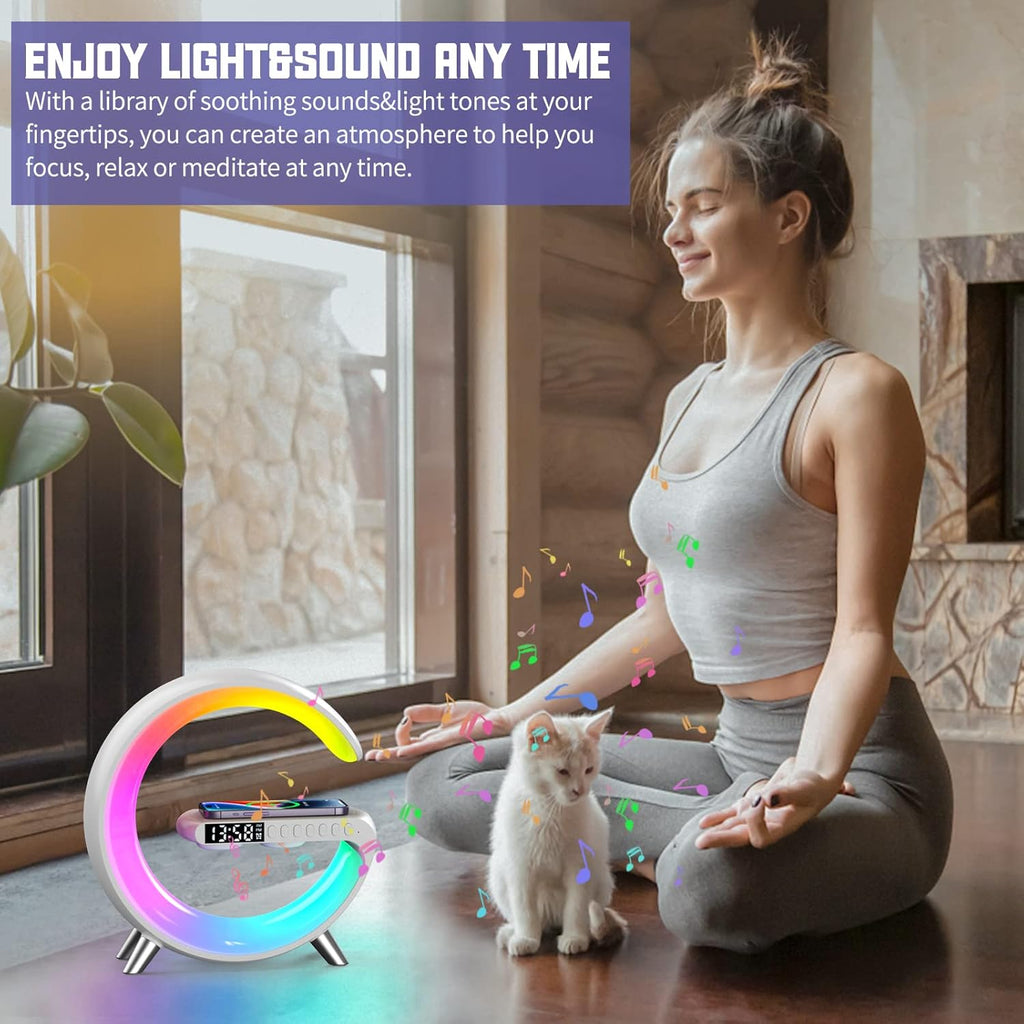 Smart Table Lamp with 4-in-1 Wireless Charger, Night Light, Bluetooth Speaker, Alarm Clock, App Control, Office, Bedroom, Home Decor (Black)