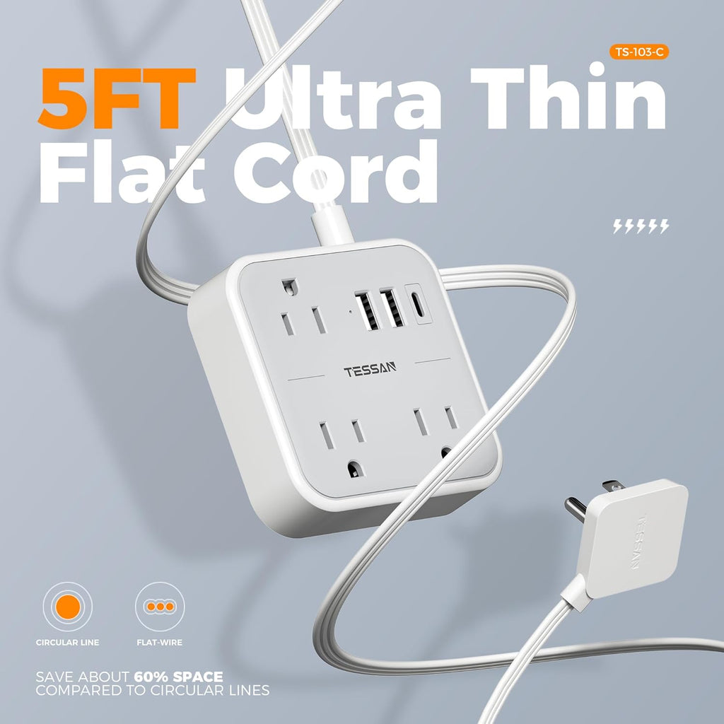 TESSAN Ultra Thin Flat Extension Cord 5 FT, Slim Power Strip with USB Ports (1 USB C), Surge Protector Flat Plug Wall Charger with 3 Outlets for Office, School, Dorm Room Essentials