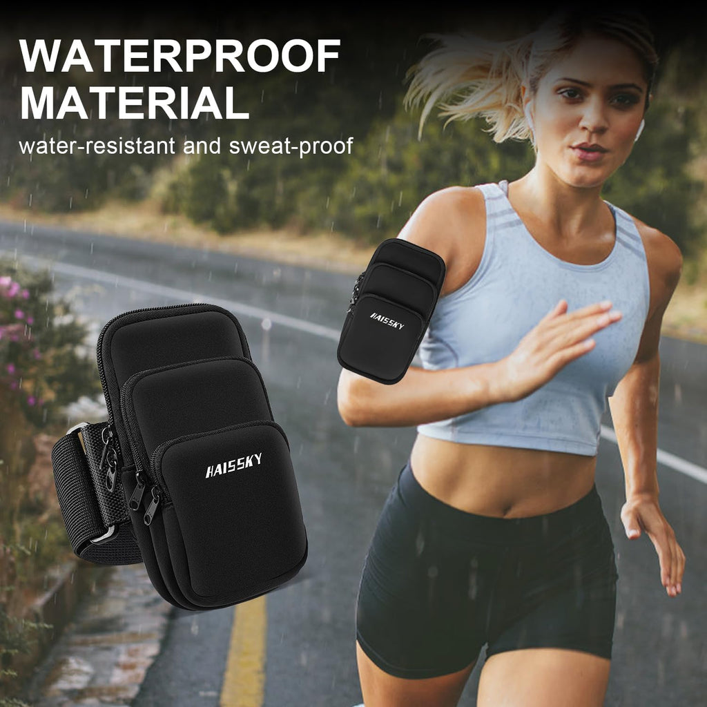 3 Pockets Running Phone Armband Holder for iPhone 16 15 14 Pro Max 13 Plus 12 11 XS XR X 8 7 Galaxy S23 Pouch Key Card Bag, Water Resistant Cell Phone Sport Arm Bands for Exercise Walking Workout Gym