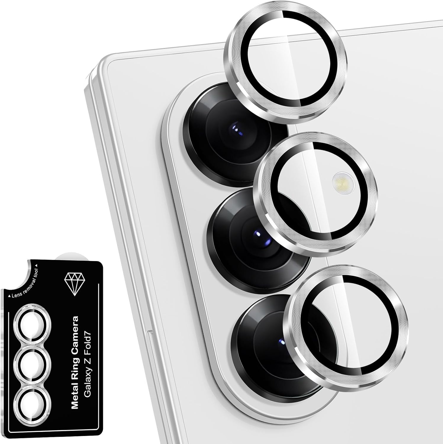 for Samsung Galaxy Z Fold 7 Camera Lens Protector, Individual Metal Ring Tempered Glass Lens Cover, [Strong Adsorption] Scratch Resistant Ultra-Thin HD Clear Lens Cover, 1 Set-Silver