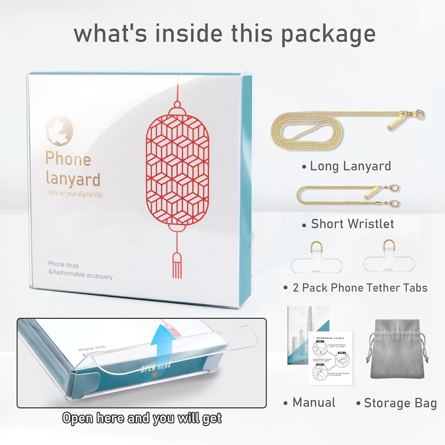 Metal Phone Chain, Crossbody Detachable Phone Lanyard with 1*Wrist Strap & 2* Tether Tabs for iPhone and Smartphones (Gold,Extend)