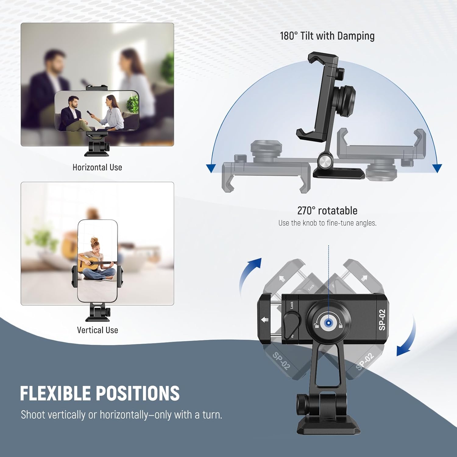 NEEWER SP-02 Phone Tripod Mount Adapter with Arca Type Quick Release Plate Cold Shoe 360° Rotation 180° Tilt Cleaning Cloth, Foldable Holder Compatible with iPhone Android Samsung for Video Recording