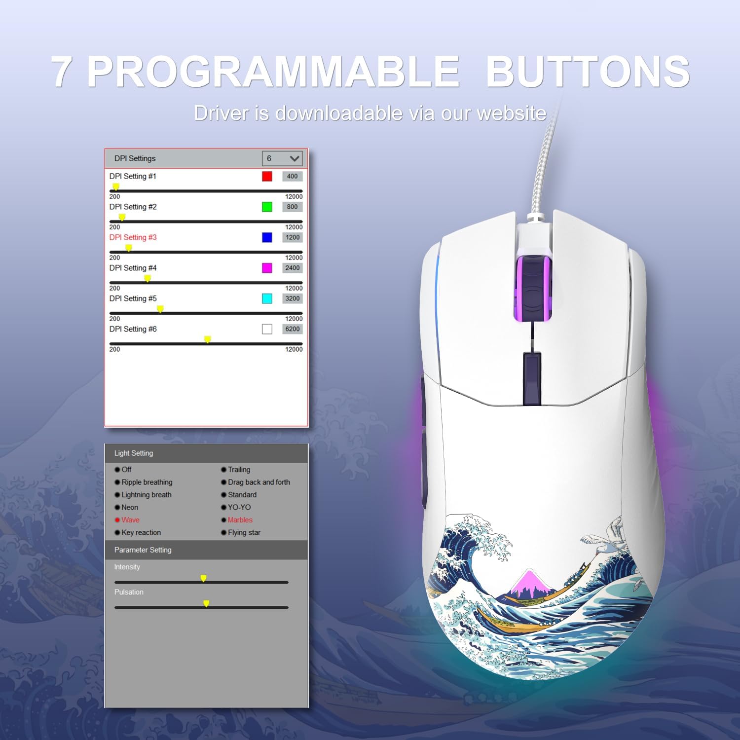 COSTOM Womier G705 USB Wired Gaming Mouse for PC Computer Windows Mac Laptop, Lightweight Silent RGB Backlit Mouse with Adjustable 12000DPI/7 Programmable Side Buttons,White Kanagawa Theme