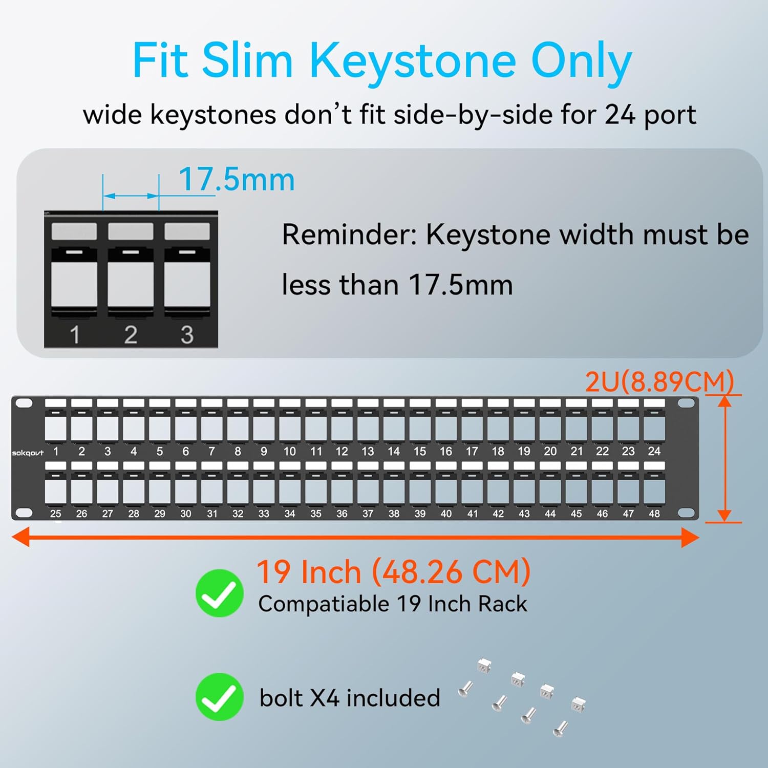 48 Port Blank Keystone Patch Panel with Snap-in Design (2 Pack), Cat6 Network Patch Panel 2U 19 inch, Rack Mount Ethernet Patch Panel (for Slim Keystone Only)