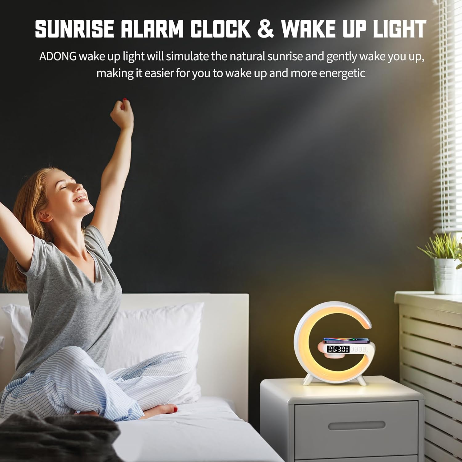 Mini LED Table Lamp with 4-in-1 Wireless Charger, Night Light, Sunrise Alarm Clock, Bluetooth Speaker, Smart Atmosphere Table Lamp for Bedroom, Office, Home Decor (Black)