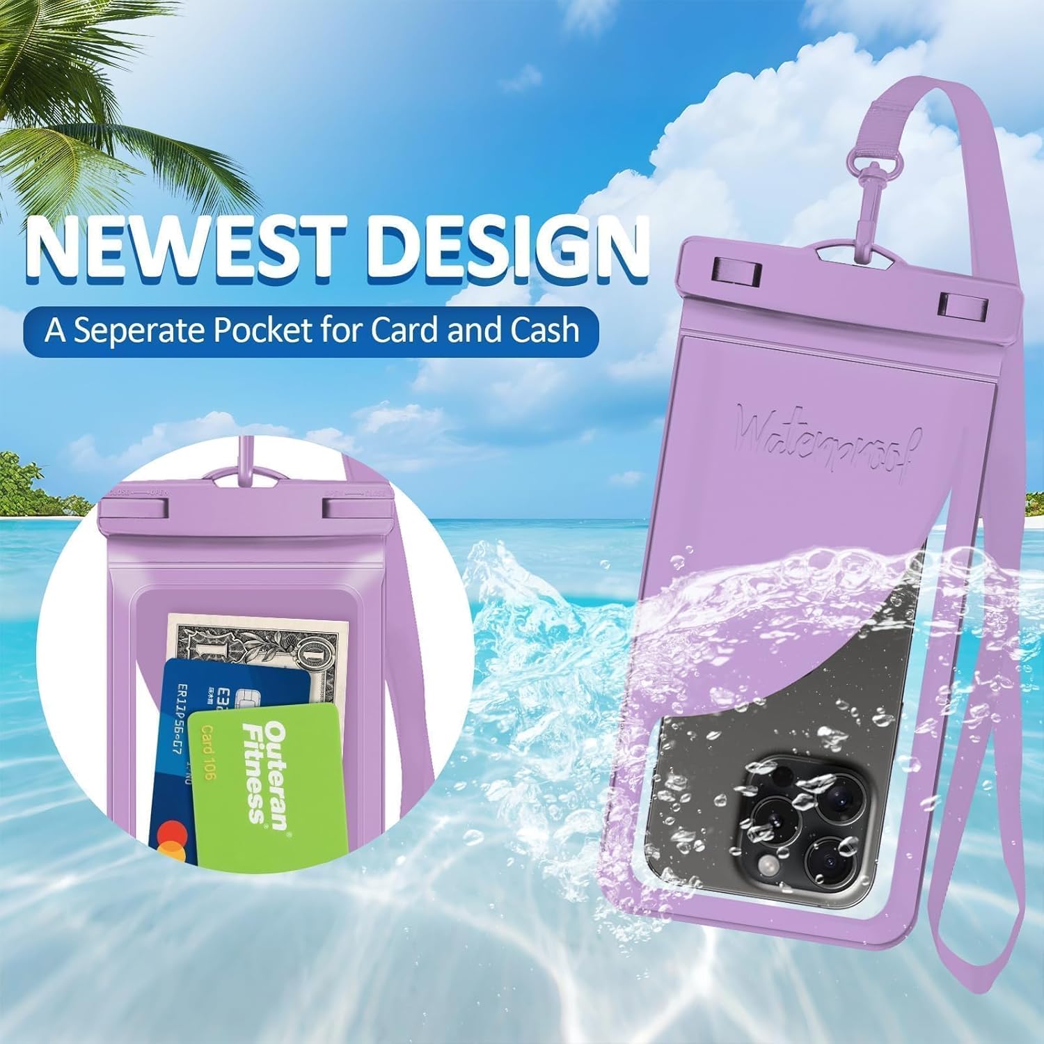 Universal Waterproof Phone Case, with Inside Card Pack, Waterproof Beach Bag for iPhone 16 15 14 13 Pro Max up to 8.3", IPX8 Cell Phone Pouch for Cruise Travel Accessories, 2 Pack-Black&Purple
