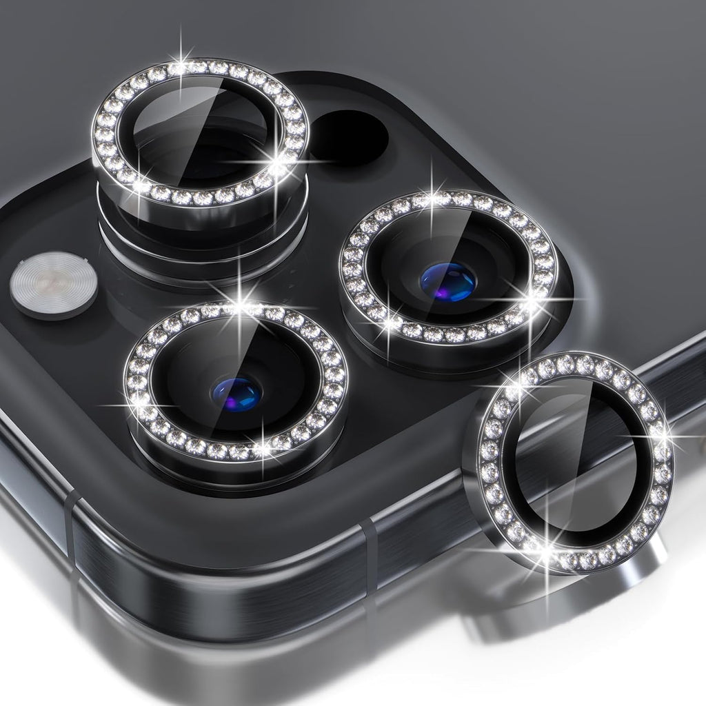 Choiche Compatible for iPhone 16 Pro/iPhone 16 Pro Max Camera Lens Protector Bling, 9H Tempered Glass Camera Cover Screen Protector Metal Ring Decoration Accessories (Diamond-Black)