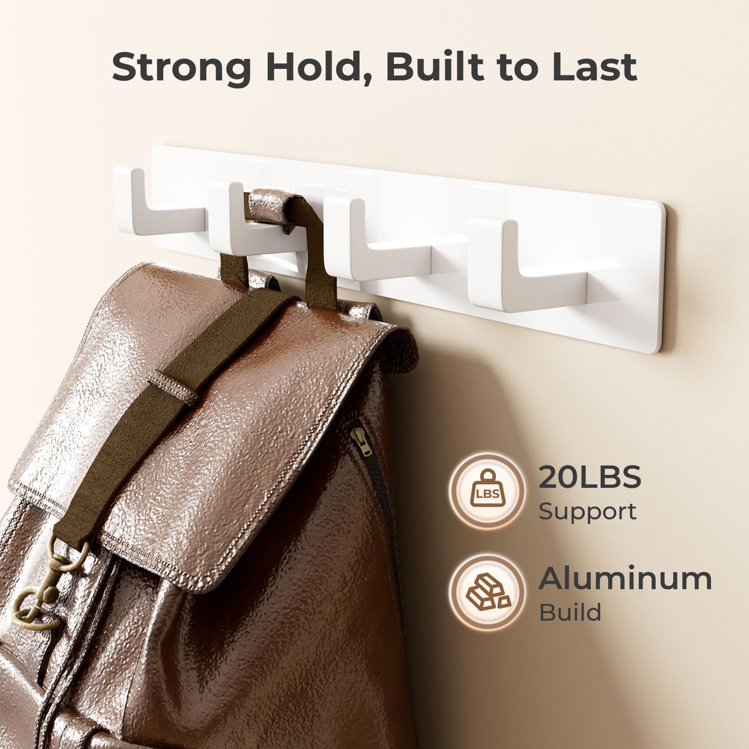 White Wall Mounted Coat Rack - 2 Modular Rails (25'' Total), 8 Right-Angle Hooks, Modern Organizer for Entryway, Bathroom, Bedroom, Holds Coats, Towels, Hats