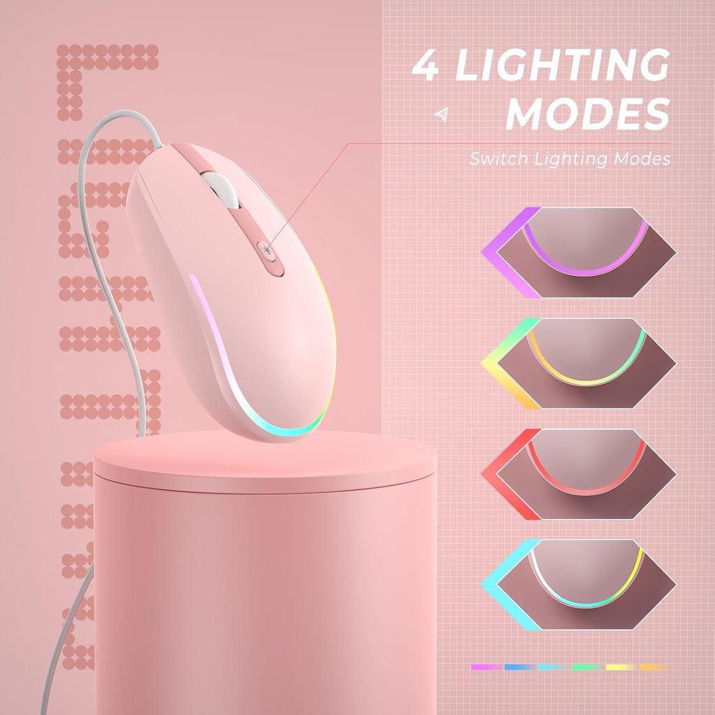 seenda Wired Mouse - USB Computer Mice Wired with RGB Backlit Optical LED Mouse with Attached USB Cord for Laptops Notebooks Chromebook - Pink