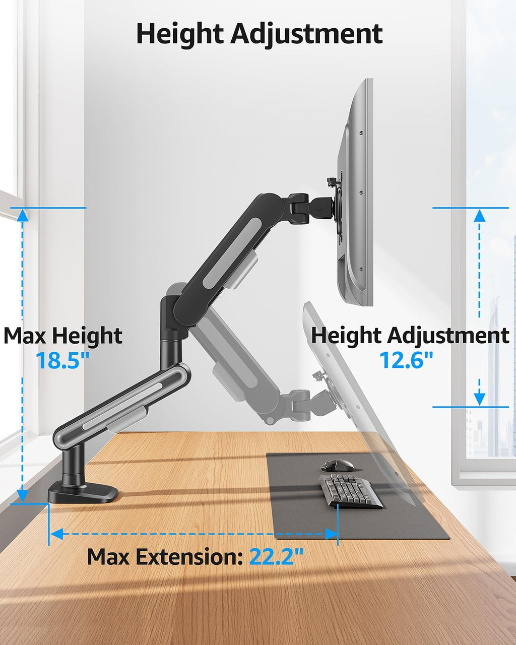 MOUNTUP Single Monitor Desk Mount for 4.4-26.5lbs, Heavy Duty Monitor Arm for 40 39 37 34 32 27inch, Full-Motion Monitors Stand, Height Adjustable Gas Spring Monitors Arm with C-Clamp＆Grommet Base