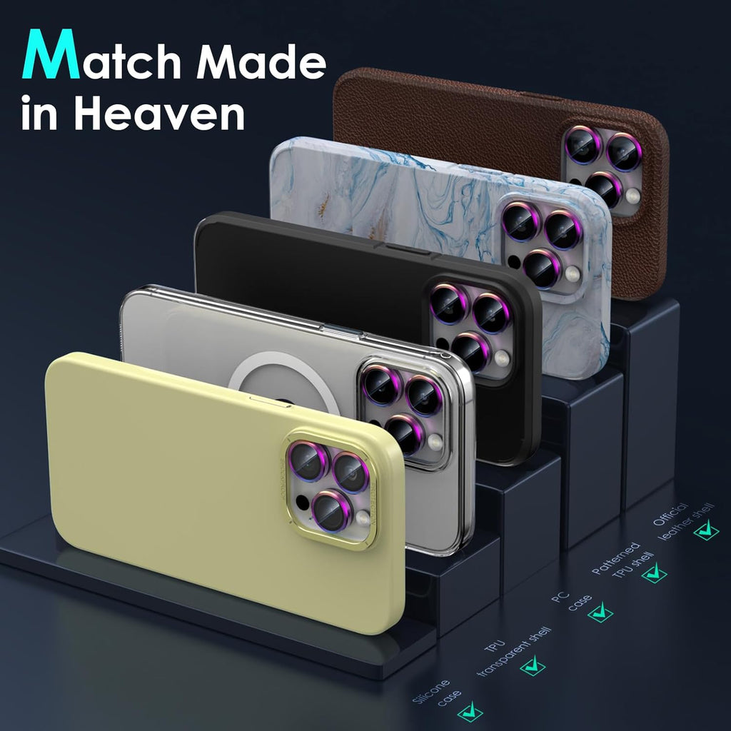 YWXTW CameraLens Protector,[1 Step Installation Tray] Tempered Glass Screen Metal Individual Cover Accessories Case Friendly (Multi-Coloured Titanium) (iPhone 15 Pro/15 Pro Max)