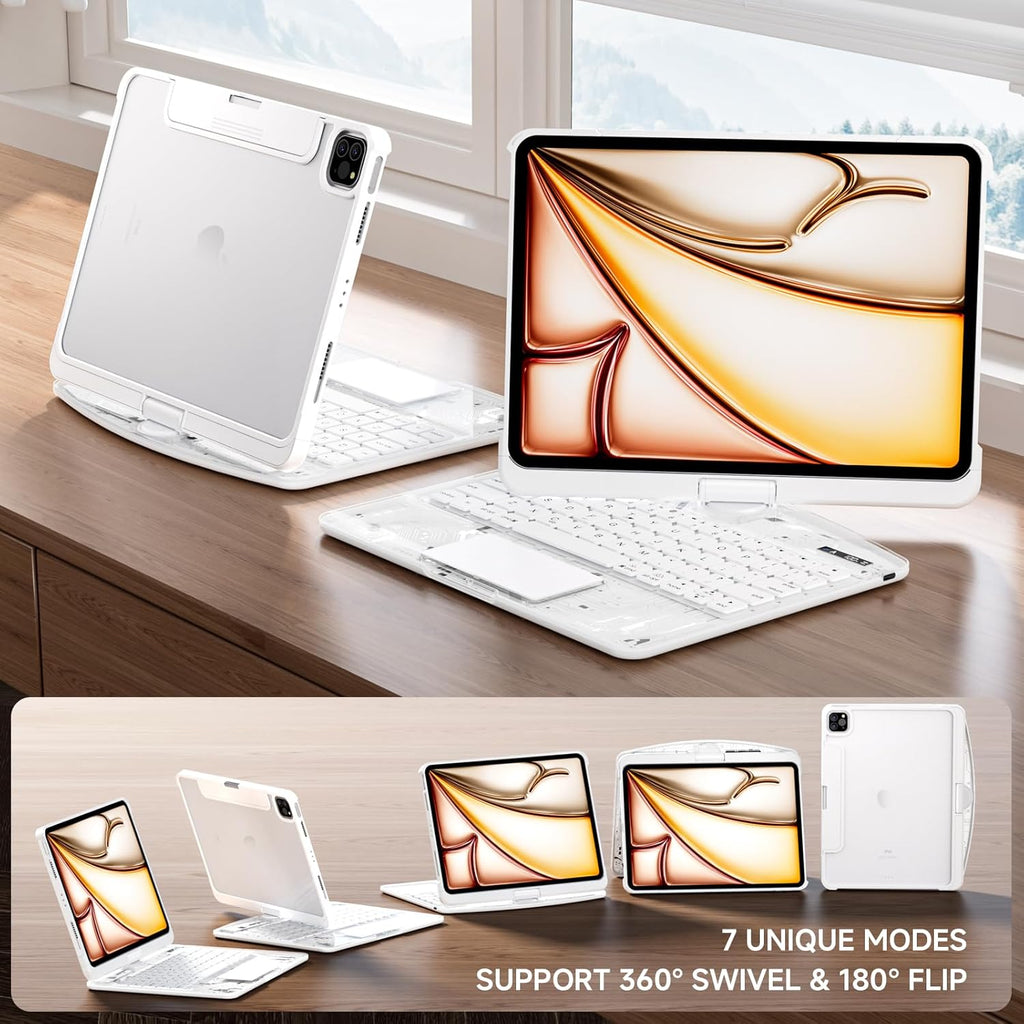Transparent Case with Keyboard for 2024 iPad Pro 11-inch (M4),with 7-Color Backlit Wireless Keyboard, 360°Rotatable Protective Case Multi-Touch Trackpad,with Pencil Holder,with Shortcuts,White