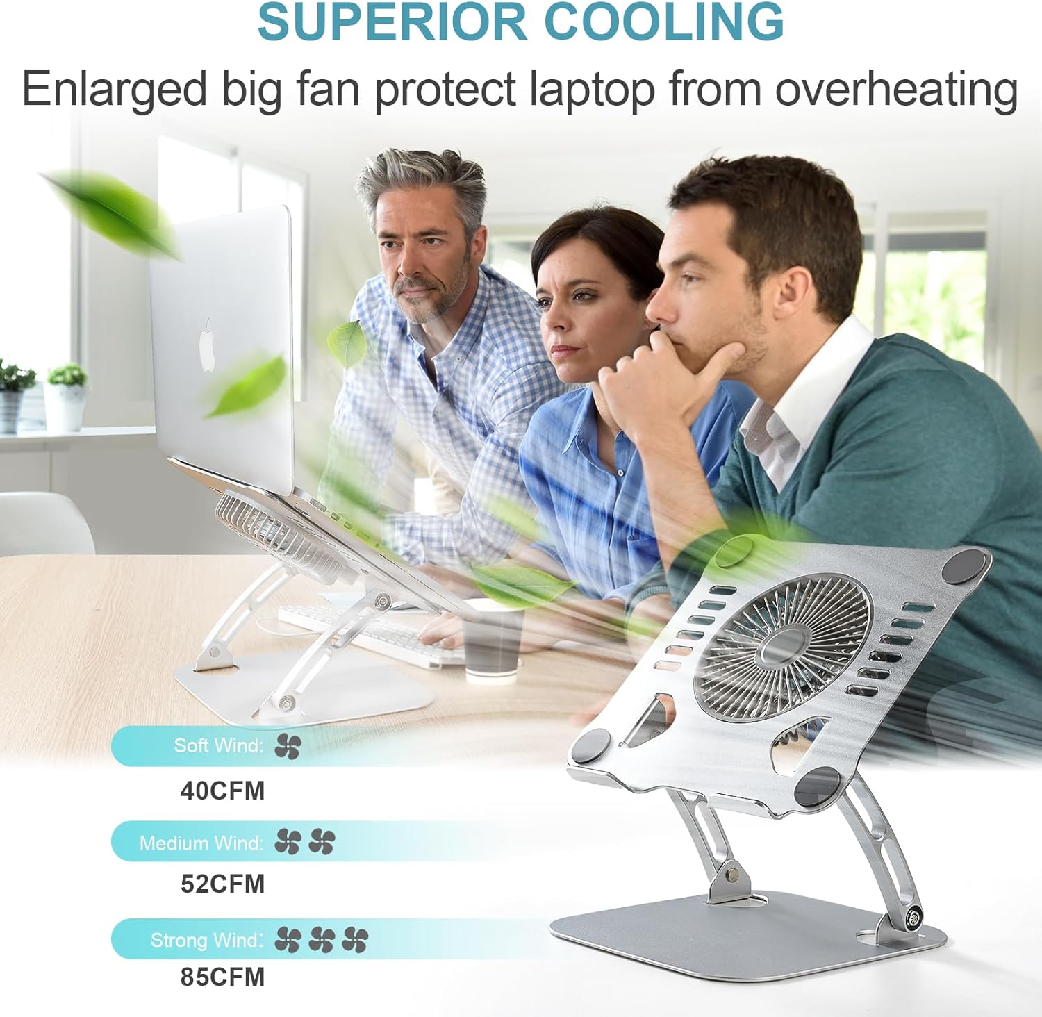 SHUWEI Laptop Cooling Stand with 3 Speed Fan, Adjustable Height Laptop Stand for Desk, Ergonimic Aluminum Laptop Cooling Pad for 10-15'' Notebook - Silver