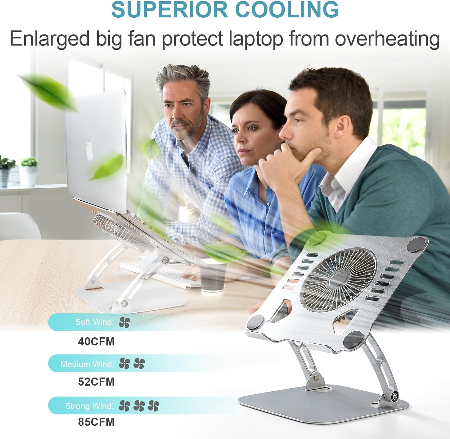 SHUWEI 360° Rotating Laptop Cooling Stand with 3 Speed Fan, Adjustable Height Laptop Stand for Desk, Ergonimic Aluminum Laptop Cooling Pad for 10-15'' Notebook - Bule-Gray