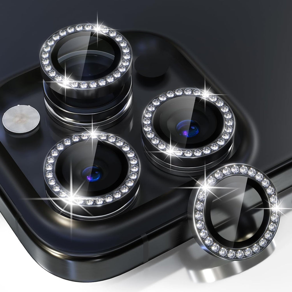 Choiche Compatible for iPhone 15 Pro/iPhone 15 Pro Max Camera Lens Protector Bling, 9H Tempered Glass Camera Cover Screen Protector Metal Ring Decoration Accessories (Diamond-Black)