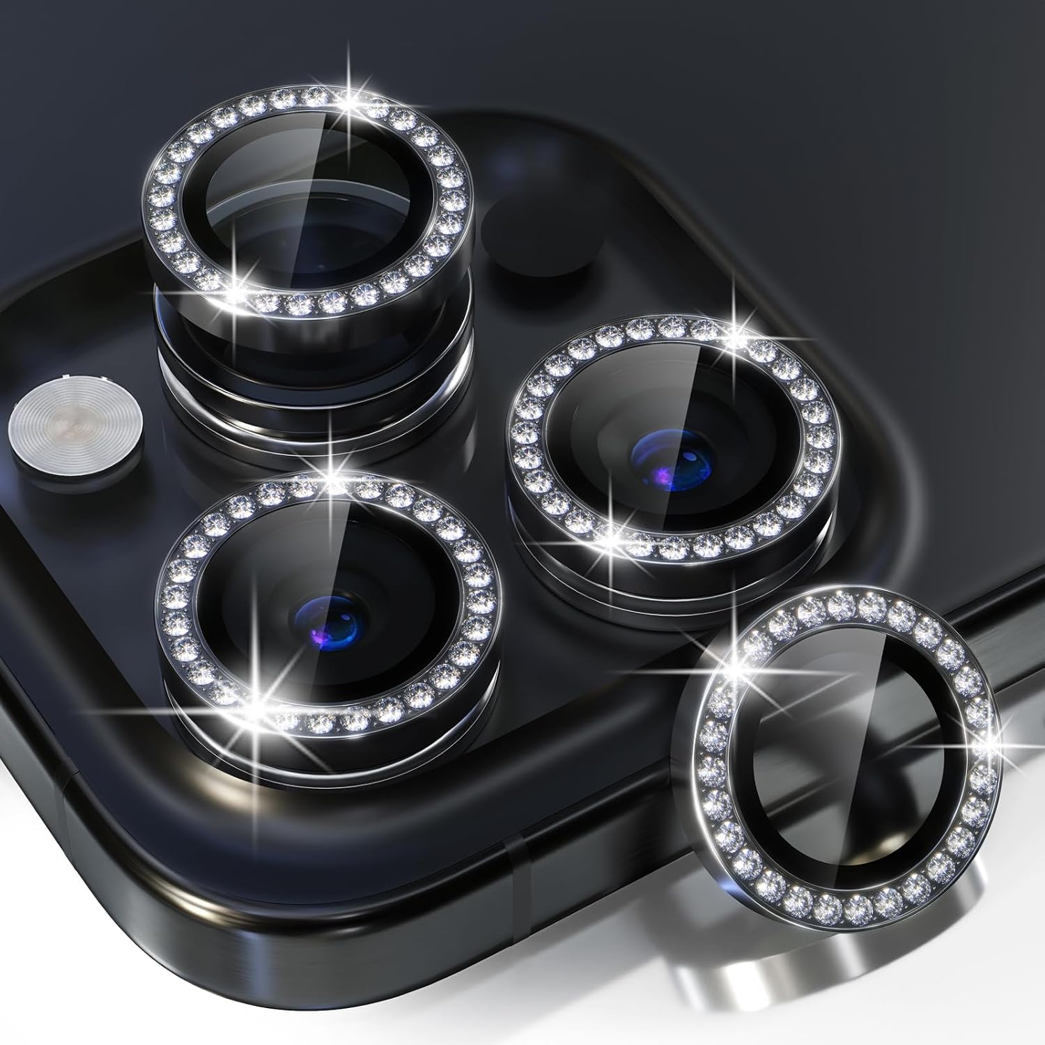Choiche Compatible for iPhone 15 Pro/iPhone 15 Pro Max Camera Lens Protector Bling, 9H Tempered Glass Camera Cover Screen Protector Metal Ring Decoration Accessories (Diamond-Black)