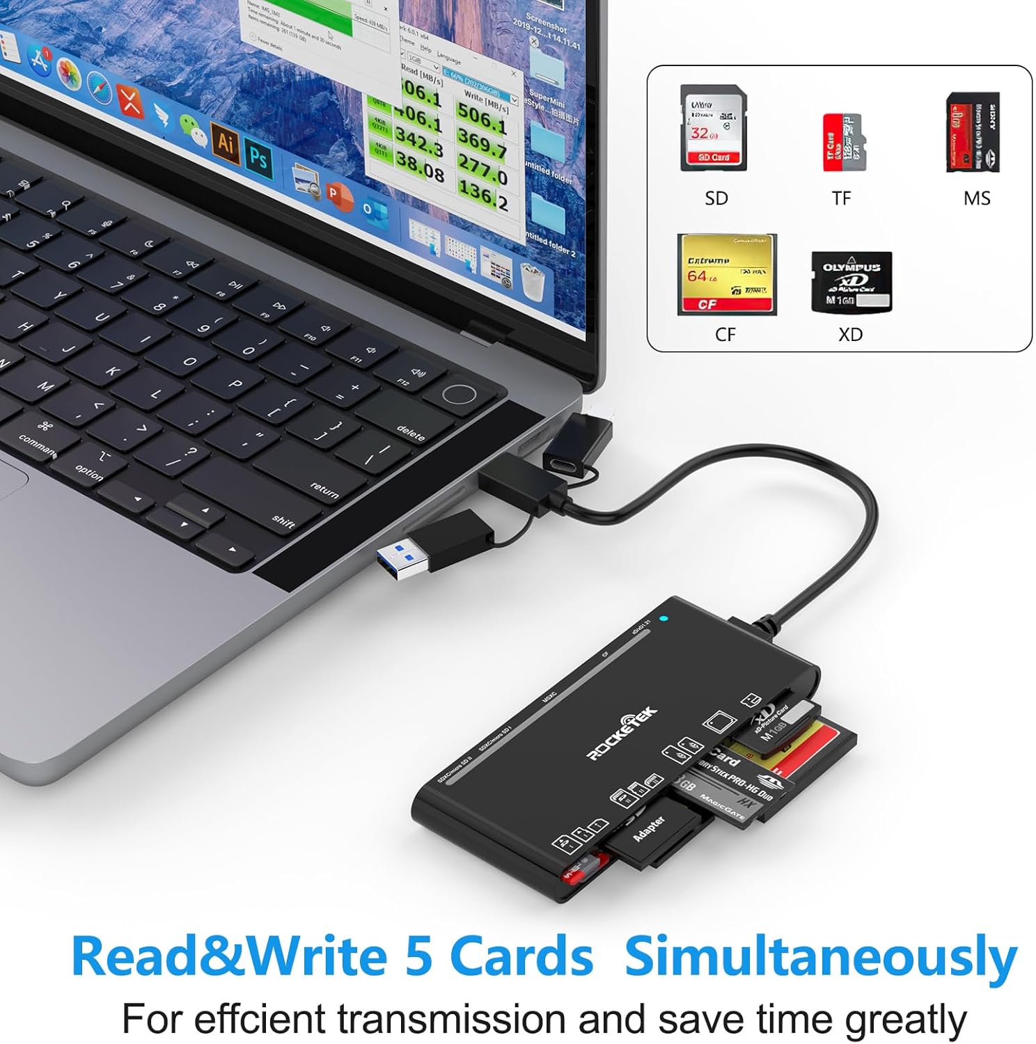 USB C Lightning USB3.0 Multi Card Reader for SD CF XD MS Micro SD TF, 7 in 1 Memory Card Reader Adapter Hub for iPhone/iPad/MacBook/Samsung, for Windows, Mac OS, iOS, Linux, Android
