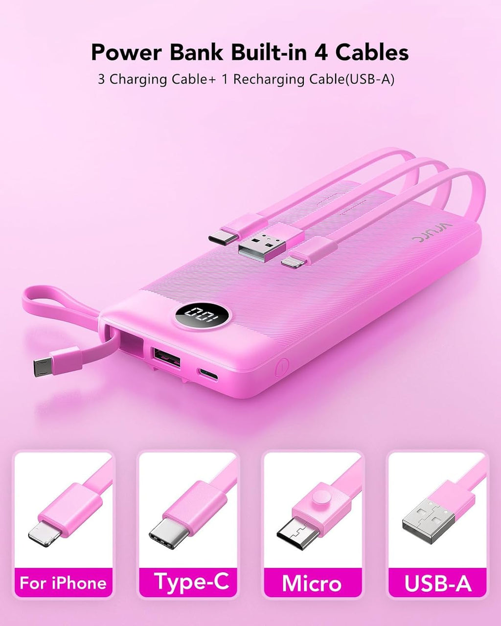 VRURC Portable Charger 10000mAh, Travel Essentials Battery Pack, 5 Output 2 Input Power Bank, Built-in Micro & USB C Cables Phone Charger Compatible with iPhone,Samsung,Android-Purple(1 Pack)