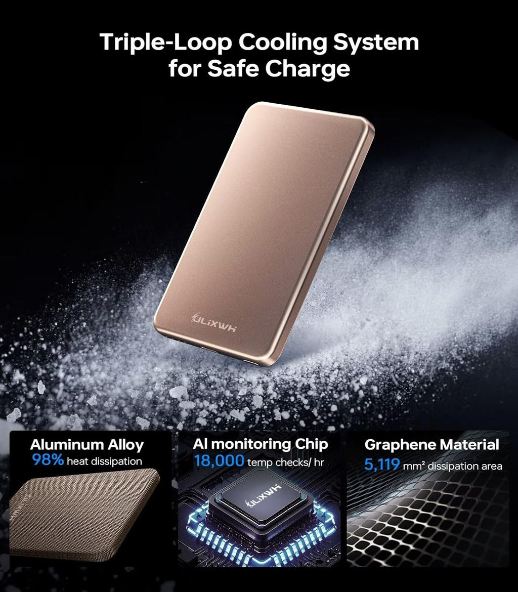 [0.3" Ultra Slim] [Alloy-Made] Magsafe Portable Charger for iPhone, 2025 Upgrade 5000mAh Fast Charging Magnetic Power Bank, Wireless Battery Pack for iPhone 16 15 Pro Max 14 13 12, Desert Gold