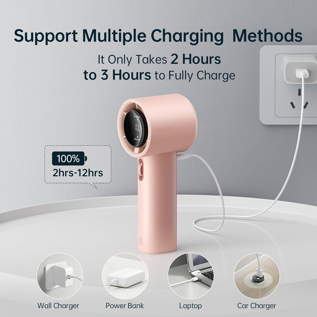 JISULIFE Portable Handheld Fan, Speed(1-100) Adjustable Turbo Mini and 3600mAh Battery Rechargeable Personal Fan, Digital Display, Gifts for Women Men Travel/Camping/Outdoor-Pink