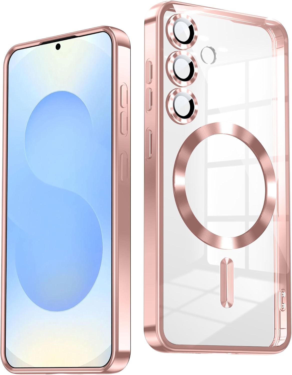 Slim Thin for Samsung Galaxy S25 Case, Compatible with MagSafe, Built-in Camera Lens Protector, Shockproof Protective Phone Case, Soft Electroplated Clear Phone Cover, Rose Gold