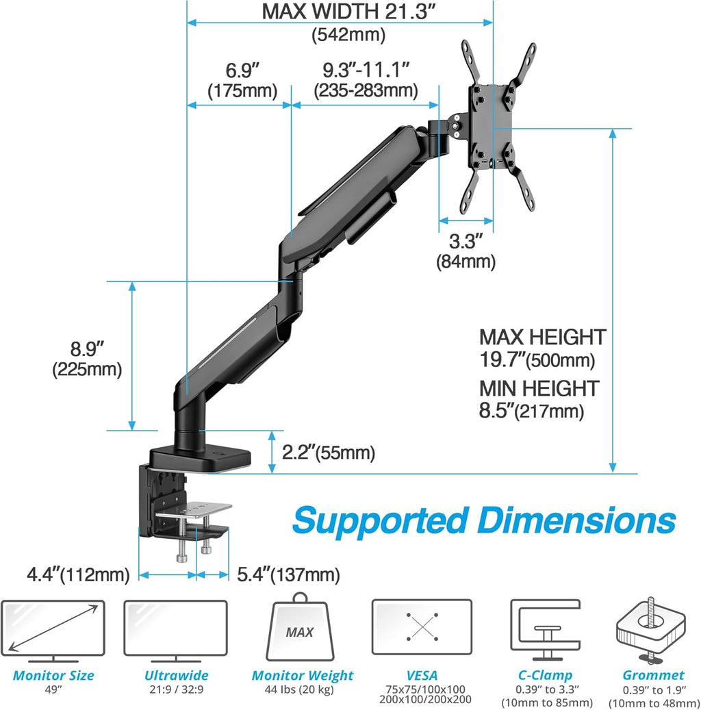 AVLT RGB Lights Single 17”-49” Gaming Monitor Arm Desk Mount, Fits One Flat/Curved/Ultrawide Screen up to 44lbs(20kg), Height Swivel Tilt Adjustable Stand - Black