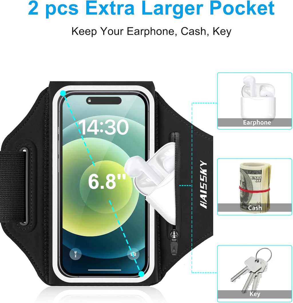 Arm Band for Phone for Running with Earphone Bag, Cell Phone Holder Case for iPhone 16 15 14 13 12 11 Pro Max Galaxy S21-S24 Ultra Waterproof Armband with Car Home Key